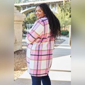 Double Take Full Size Pink Plaid Button Up Coat